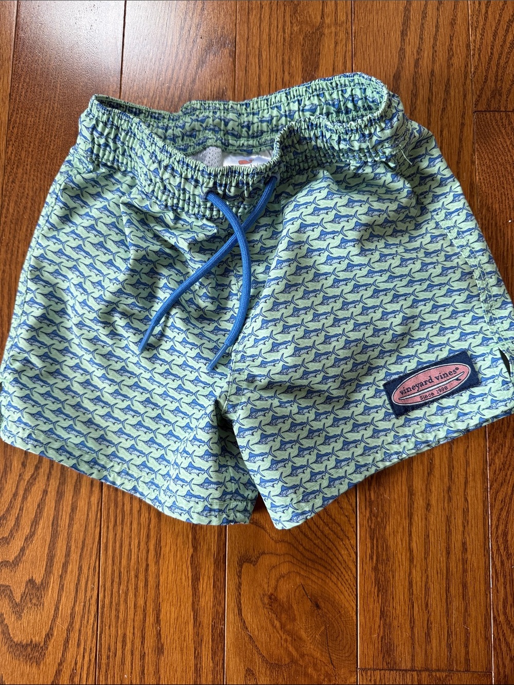 Vineyard Vines Green Shark-Print Swim Shorts with Blue Drawstring